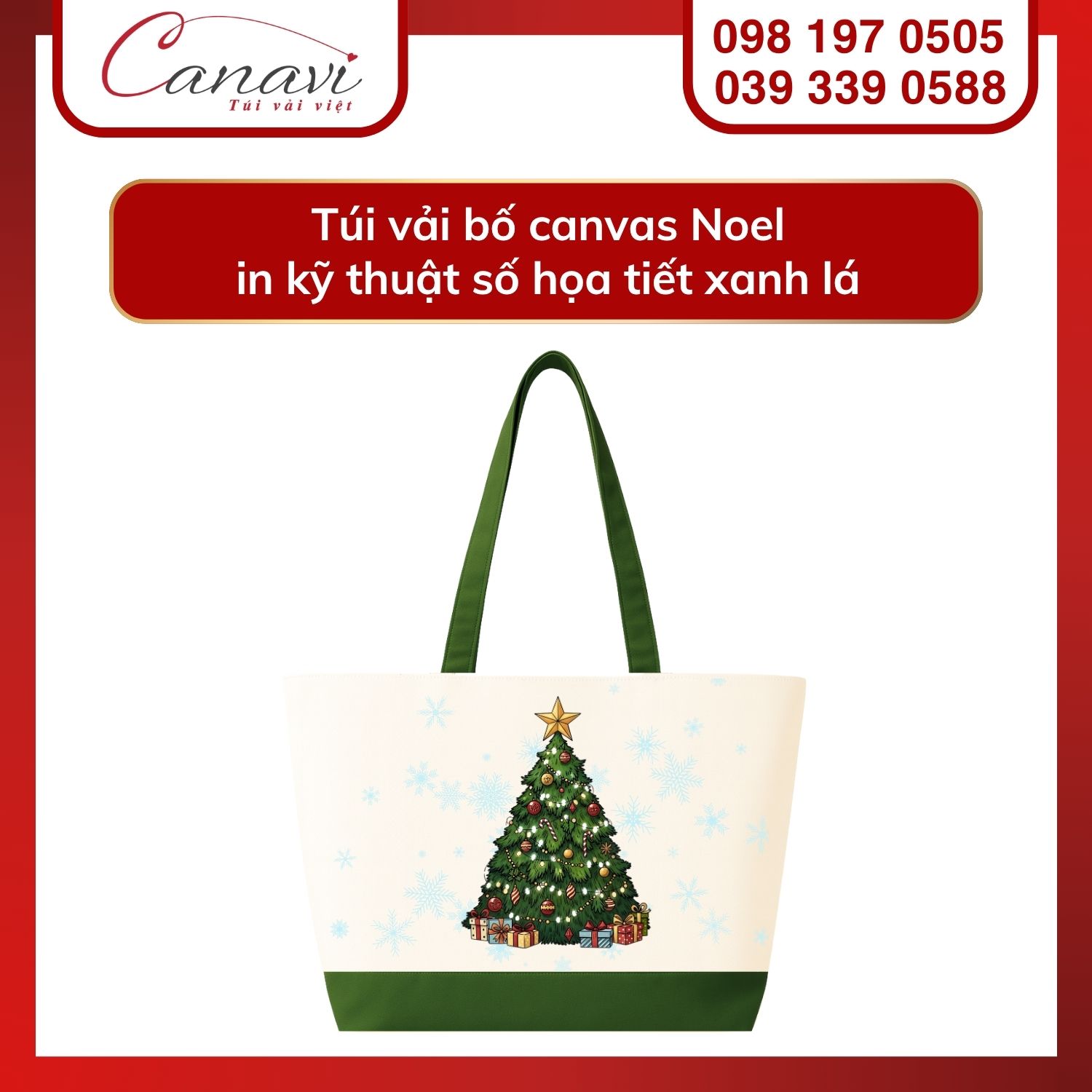 10+ mẫu túi vải Noel cho thương hiệu, doanh nghiệp, tổ chức, trường học 3 Túi tote vải bố canvas cách điệu màu xanh lá họa tiết cây thông Noel