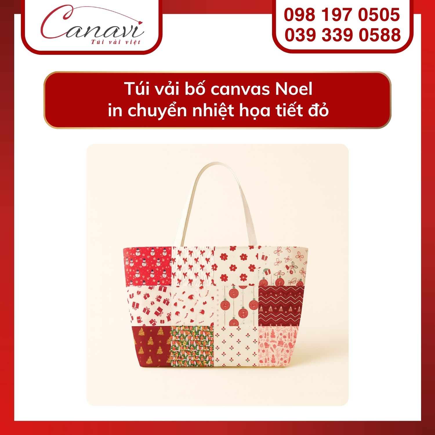 10+ mẫu túi vải Noel cho thương hiệu, doanh nghiệp, tổ chức, trường học 5 Túi tote vải bố canvas in chuyển nhiệt họa tiết giáng sinh màu đỏ
