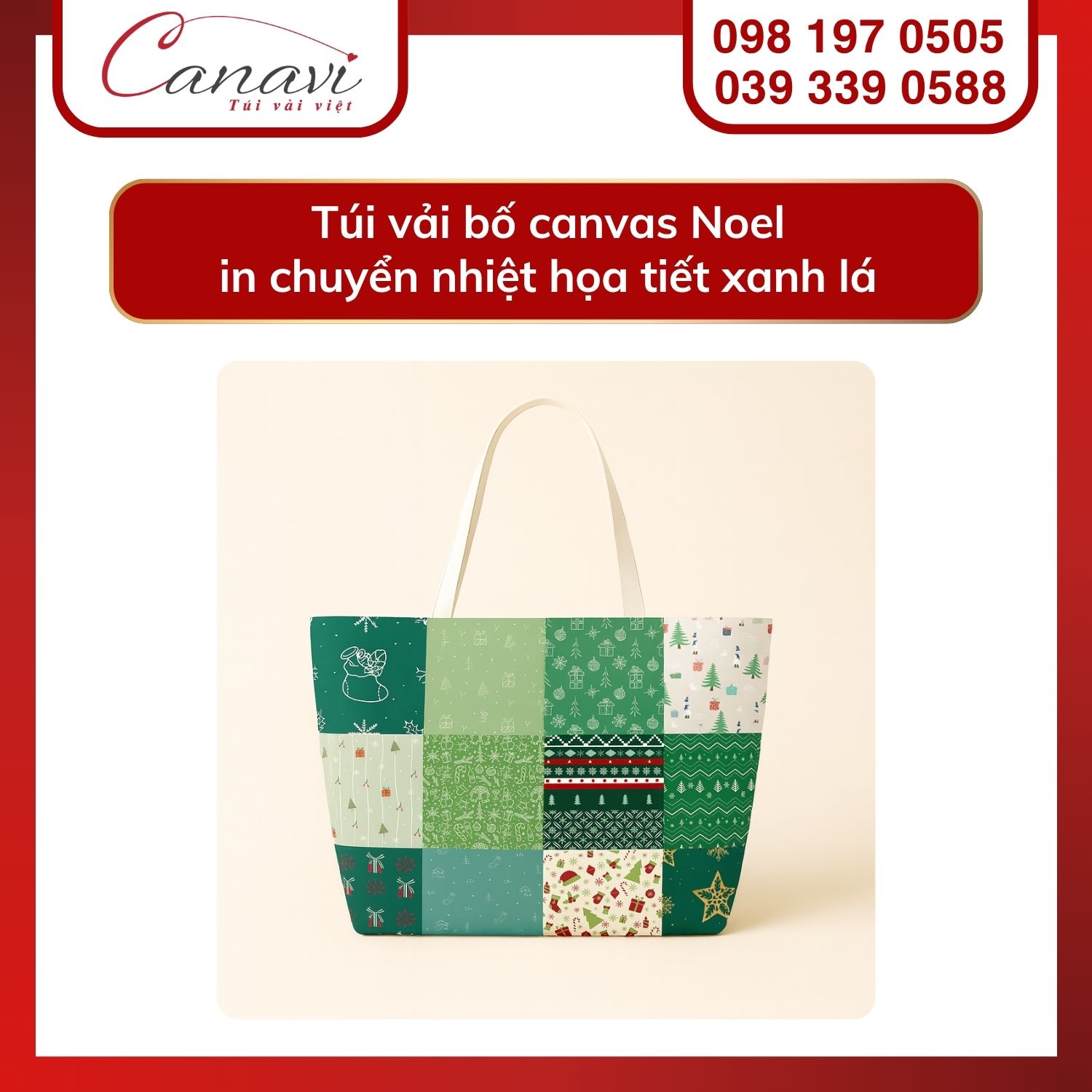10+ mẫu túi vải Noel cho thương hiệu, doanh nghiệp, tổ chức, trường học 6 Túi tote vải bố canvas in chuyển nhiệt họa tiết giáng sinh màu xanh lá