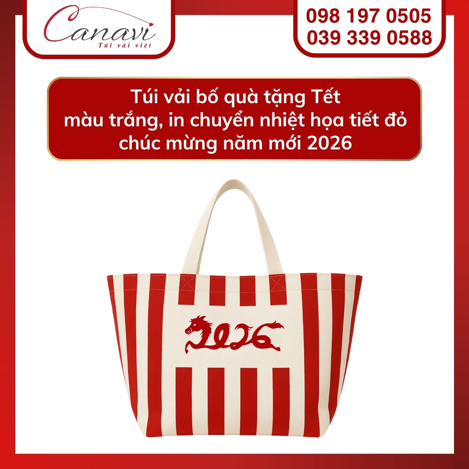 10+ mẫu túi vải Tết cho thương hiệu, doanh nghiệp, tổ chức, cửa hàng,… nổi bật mùa quà tặng 2025 2 Túi vải bố quà tặng Tết màu trắng, in chuyển nhiệt họa tiết đỏ chúc mừng năm mới 2026