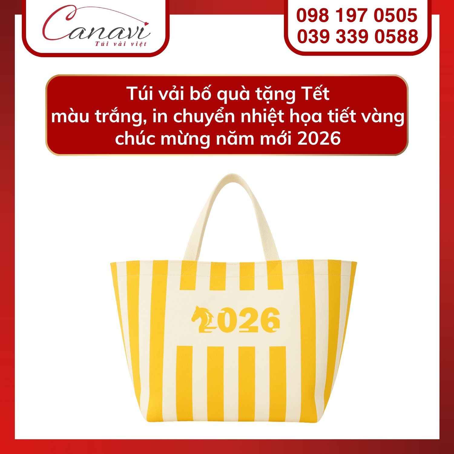 10+ mẫu túi vải Tết cho thương hiệu, doanh nghiệp, tổ chức, cửa hàng,… nổi bật mùa quà tặng 2025 3 Túi vải bố quà tặng Tết màu trắng, in chuyển nhiệt họa tiết vàng chúc mừng năm mới 2026