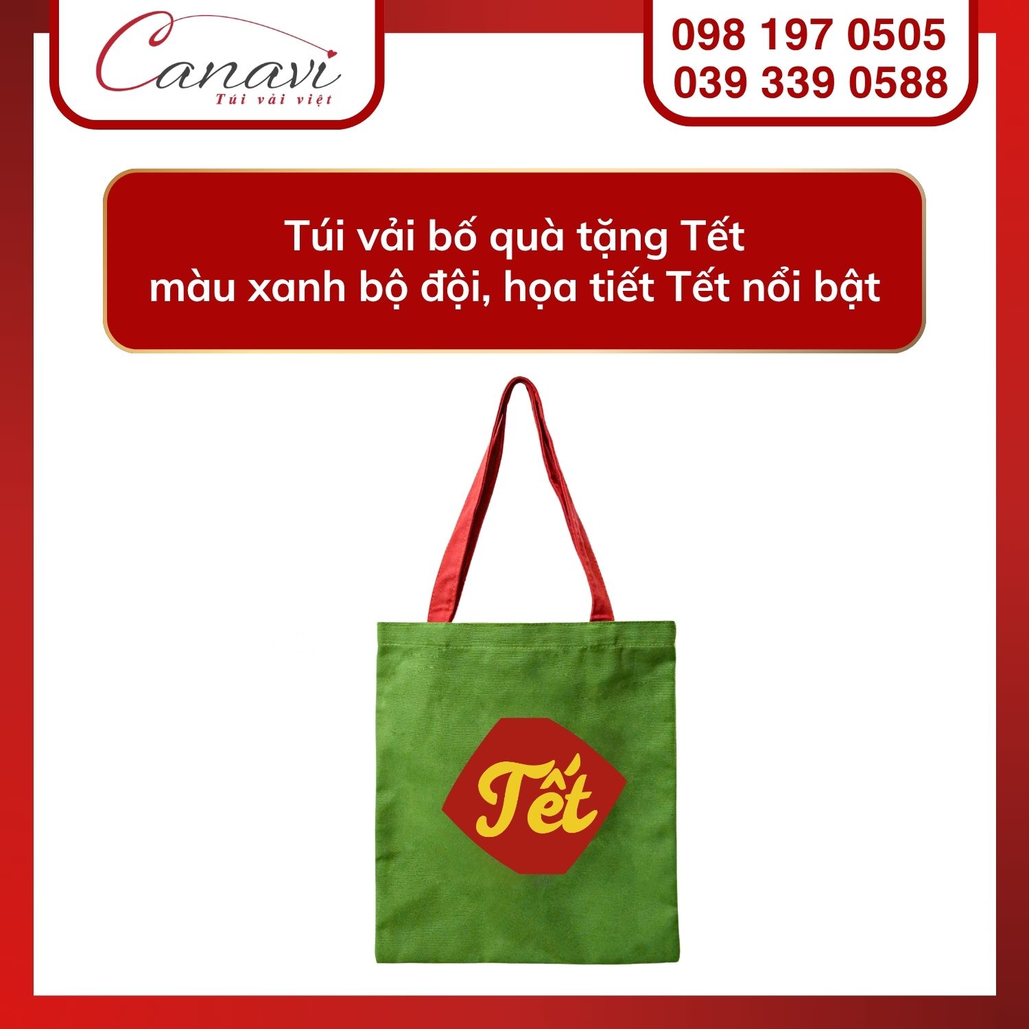 10+ mẫu túi vải Tết cho thương hiệu, doanh nghiệp, tổ chức, cửa hàng,… nổi bật mùa quà tặng 2025 4 Túi vải bố quà tặng Tết màu xanh bộ đội họa tiết Tết nổi bật