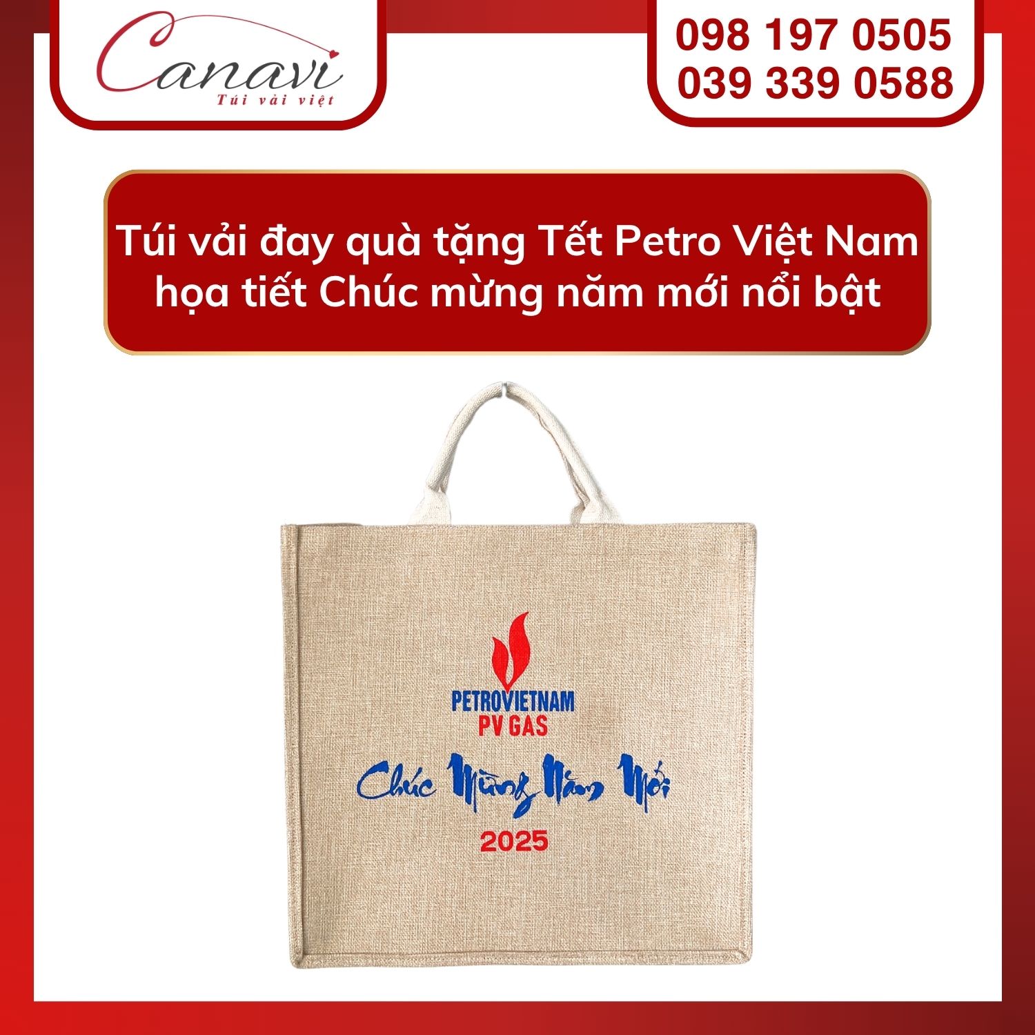 10+ mẫu túi vải Tết cho thương hiệu, doanh nghiệp, tổ chức, cửa hàng,… nổi bật mùa quà tặng 2025 9 Túi vải đay quà tặng Tết Petro Việt Nam họa tiết chúc mừng năm mới nổi bật