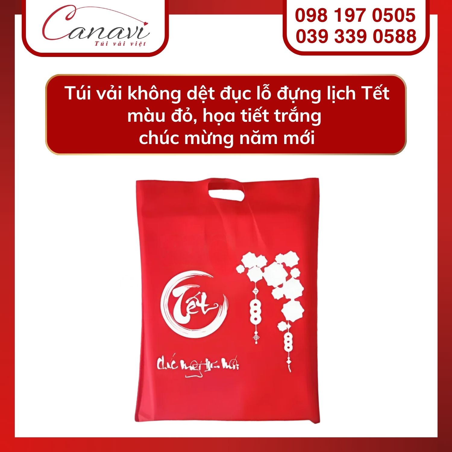 10+ mẫu túi vải Tết cho thương hiệu, doanh nghiệp, tổ chức, cửa hàng,… nổi bật mùa quà tặng 2025 12 Túi vải không dệt đục lỗ đựng lịch Tết màu đỏ, họa tiết trắng chúc mừng năm mới