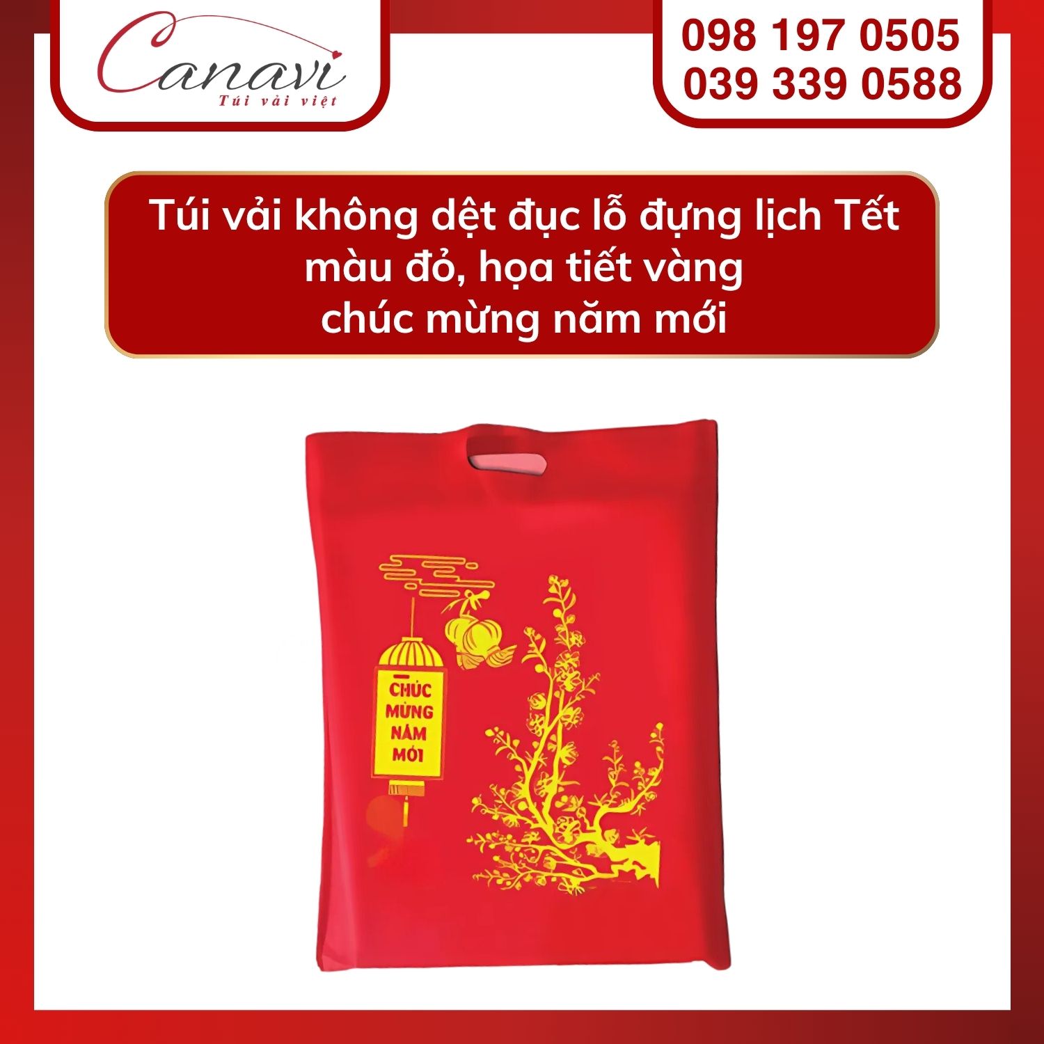 10+ mẫu túi vải Tết cho thương hiệu, doanh nghiệp, tổ chức, cửa hàng,… nổi bật mùa quà tặng 2025 13 Túi vải không dệt đục lỗ đựng lịch Tết màu đỏ, họa tiết vàng chúc mừng năm mới
