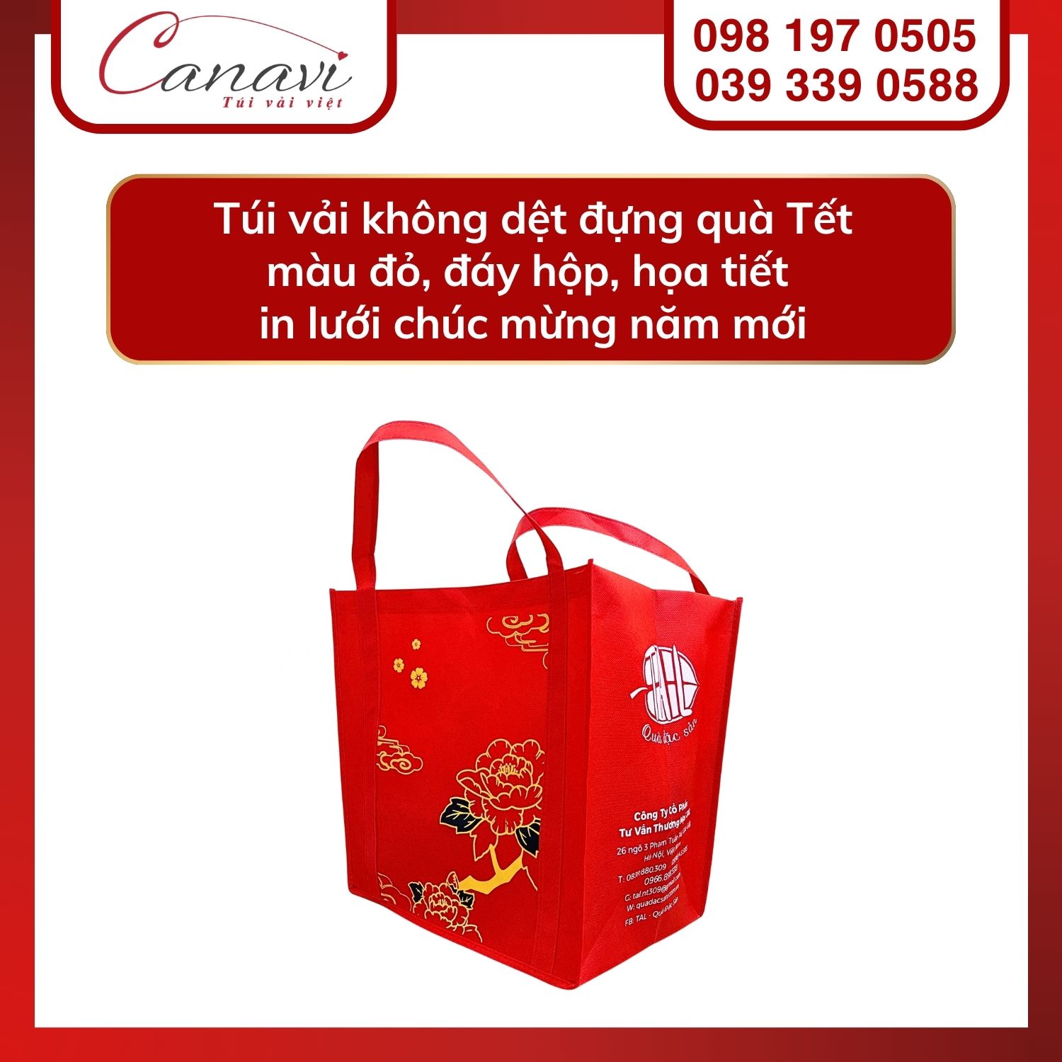 10+ mẫu túi vải Tết cho thương hiệu, doanh nghiệp, tổ chức, cửa hàng,… nổi bật mùa quà tặng 2025 14 Túi vải không dệt đựng quà Tết màu đỏ, đáy hộp, họa tiết in lưới chúc mừng năm mới