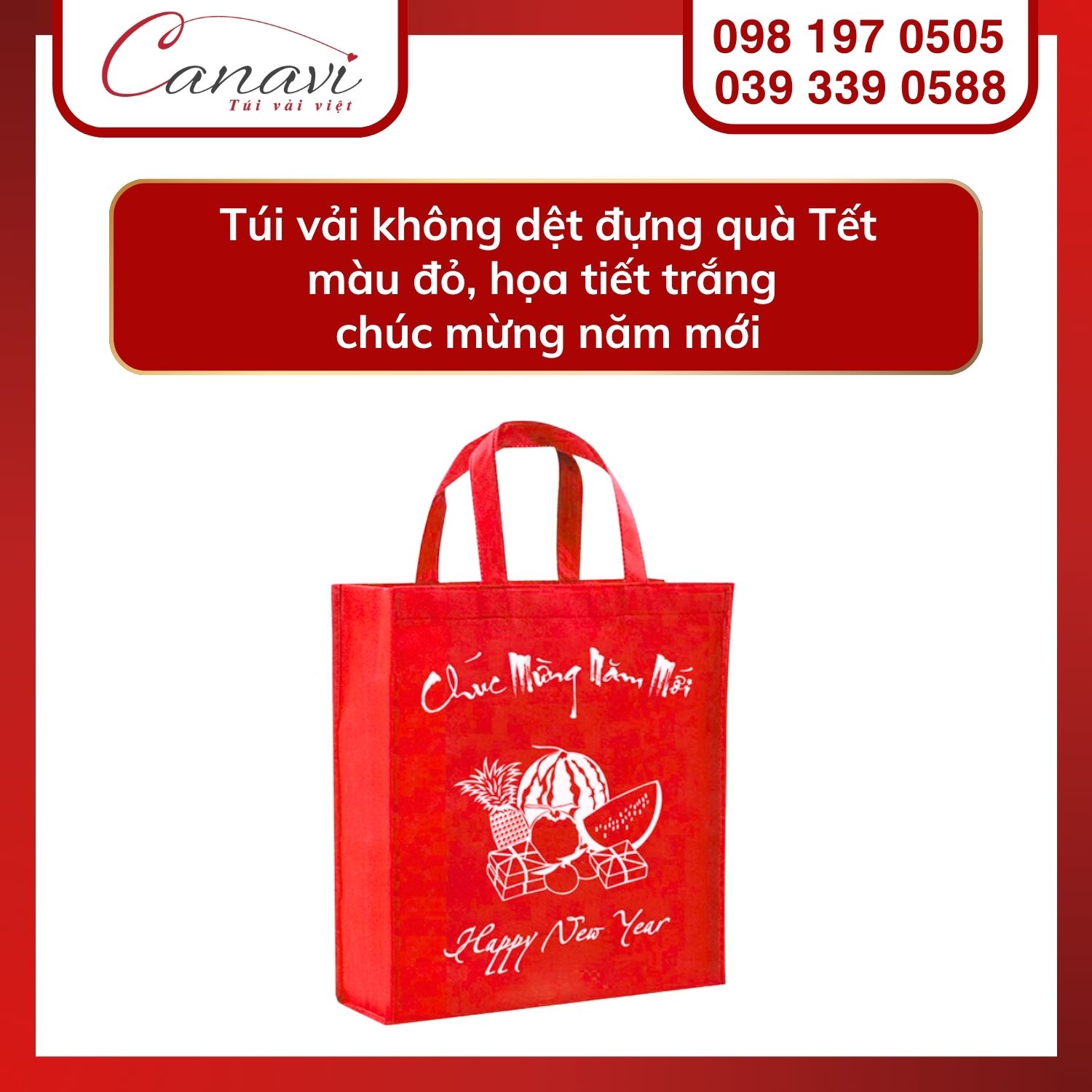 10+ mẫu túi vải Tết cho thương hiệu, doanh nghiệp, tổ chức, cửa hàng,… nổi bật mùa quà tặng 2025 15 Túi vải không dệt đựng quà Tết màu đỏ, họa tiết trắng chúc mừng năm mới