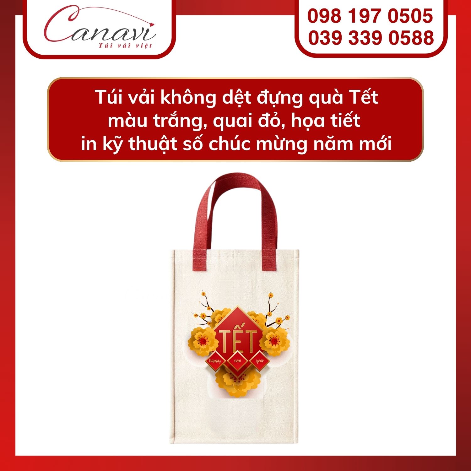 10+ mẫu túi vải Tết cho thương hiệu, doanh nghiệp, tổ chức, cửa hàng,… nổi bật mùa quà tặng 2025 16 Túi vải không dệt đựng quà Tết màu trắng, quai đỏ, họa tiết in kỹ thuật số chúc mừng năm mới