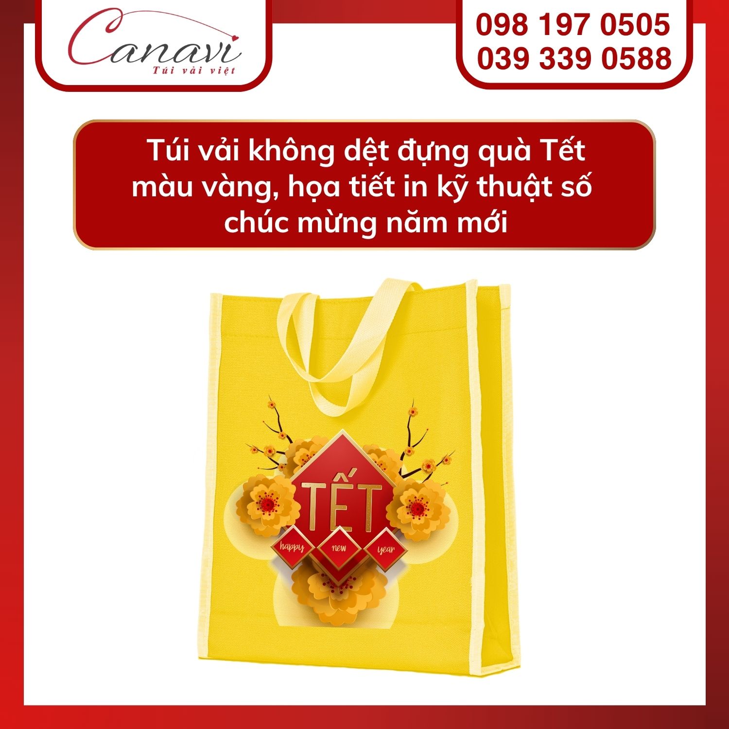 10+ mẫu túi vải Tết cho thương hiệu, doanh nghiệp, tổ chức, cửa hàng,… nổi bật mùa quà tặng 2025 17 Túi vải không dệt đựng quà Tết màu vàng, họa tiết in kỹ thuật số chúc mừng năm mới